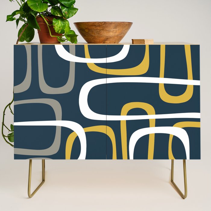 Mid Century Modern Loops Pattern in Light Mustard Yellow, Navy Blue, Gray, and White Credenza Gallery Image 1