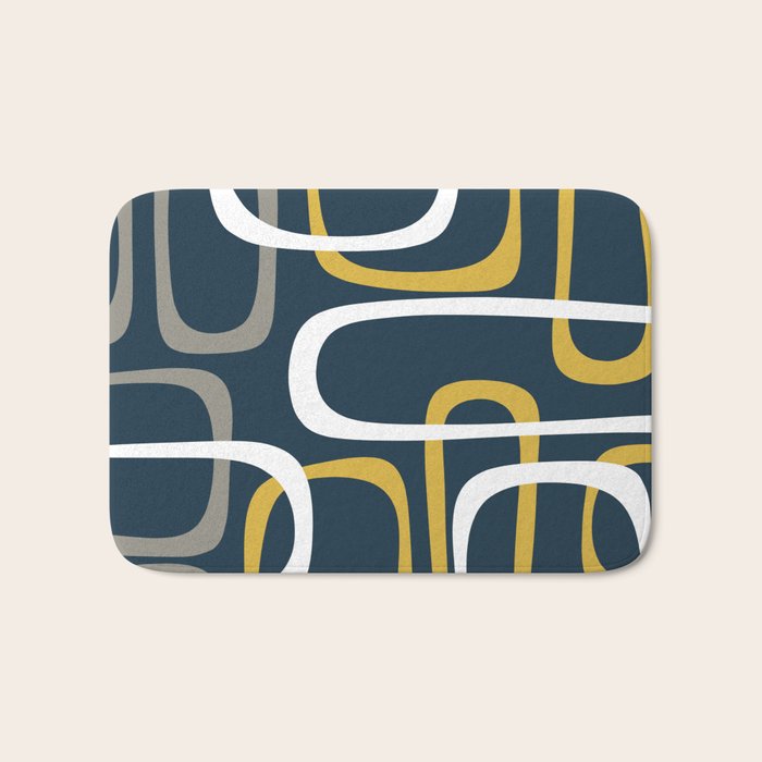 Mid Century Modern Loops Pattern in Light Mustard Yellow, Navy Blue, Gray, and White Bath Mat Gallery Image 1
