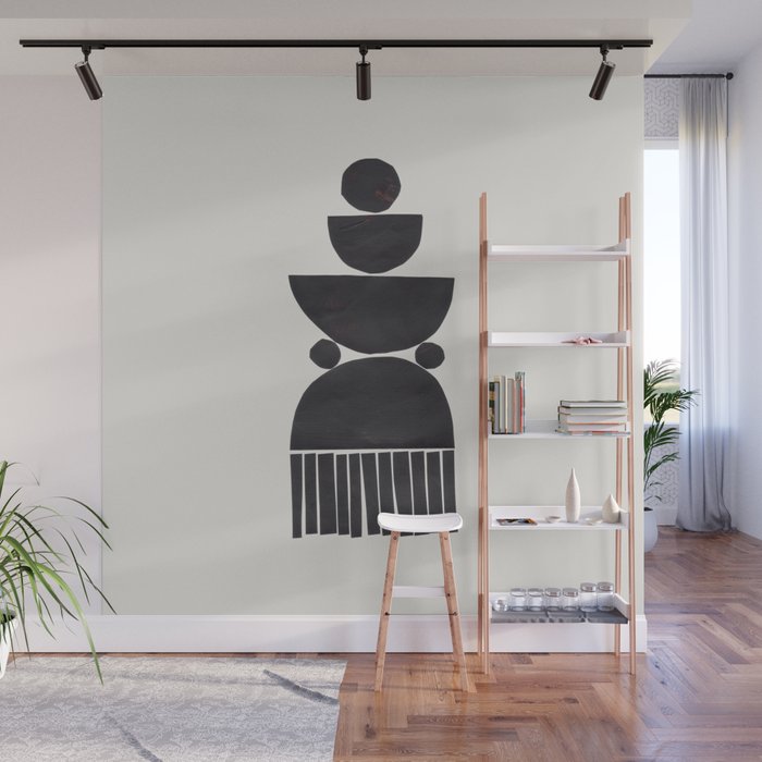 Black & White Minimalist Mid Century Paper collage Funky Black Ink Tribal Geometric by Ejaaz Haniff Wall Mural Gallery Image 1