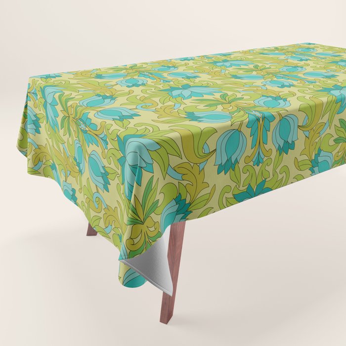Turquoise and Green Leaves 1960s Retro Vintage Pattern Tablecloth Gallery Image 1