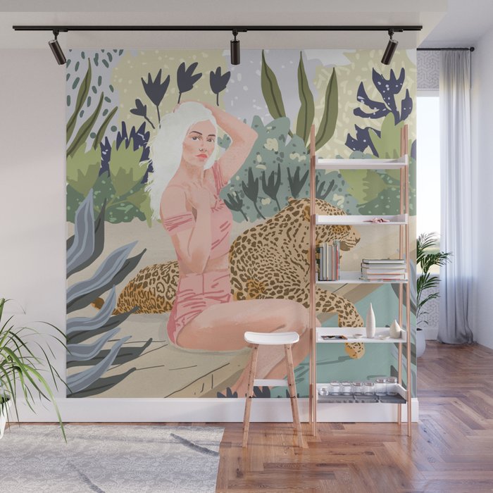 How to Train Your Leopard, Wild Cat Bohemian Woman Painting, Swimming Pool Bikini Summer Swim Animal Wall Mural Gallery Image 1
