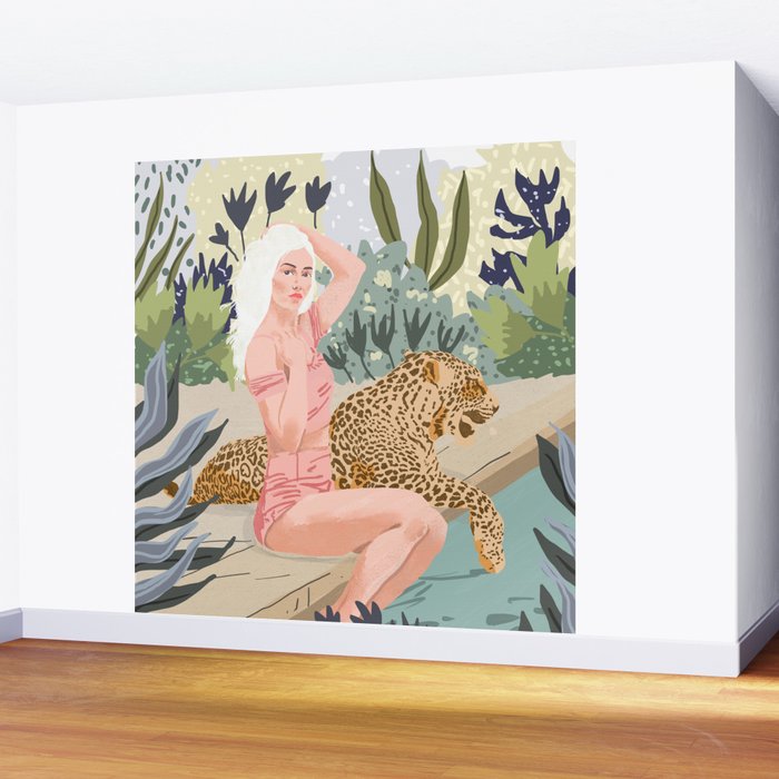 How to Train Your Leopard, Wild Cat Bohemian Woman Painting, Swimming Pool Bikini Summer Swim Animal Wall Mural Gallery Image 2
