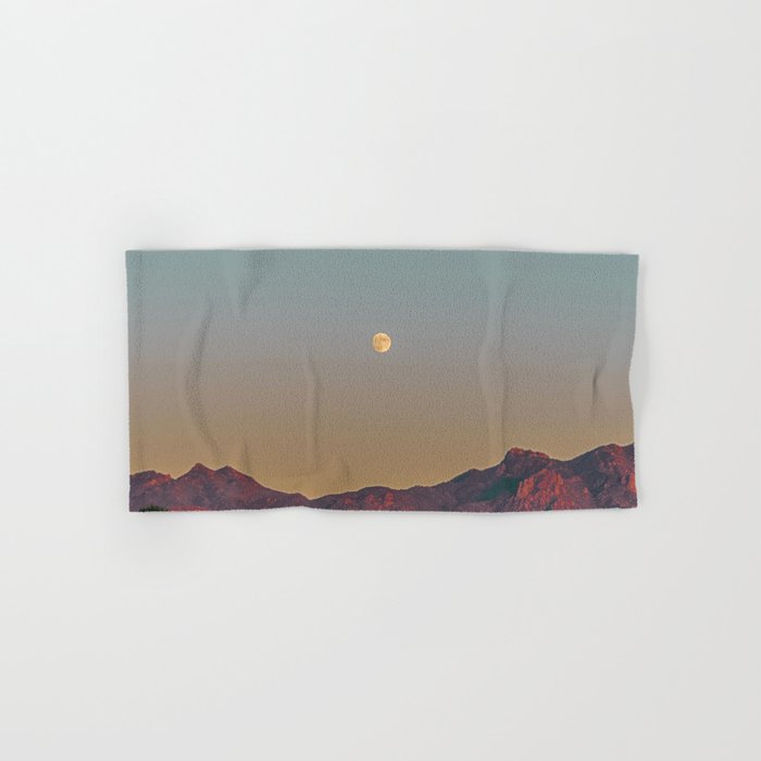 Sunset Moon Ridge // Grainy Red Mountain Range Desert Landscape Photography Yellow Fullmoon Blue Sky Bath Towel Gallery Image 1