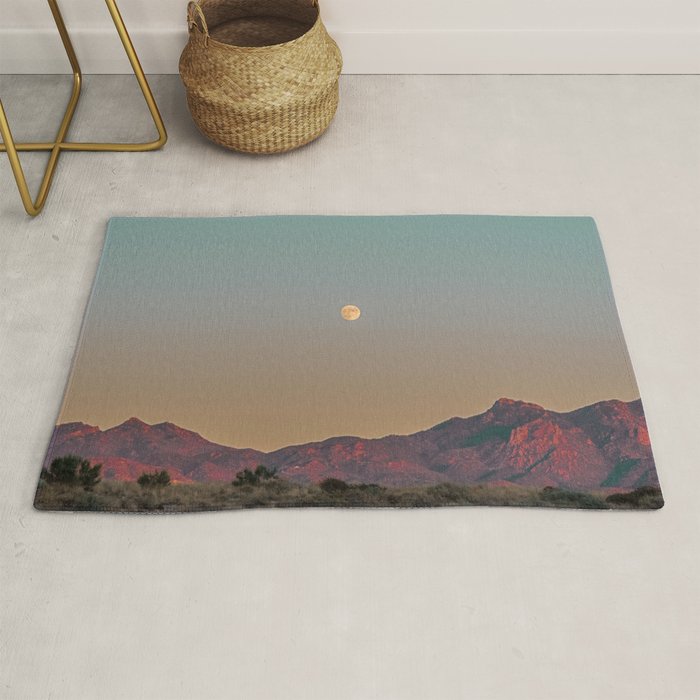 Sunset Moon Ridge // Grainy Red Mountain Range Desert Landscape Photography Yellow Fullmoon Blue Sky Rug Gallery Image 1