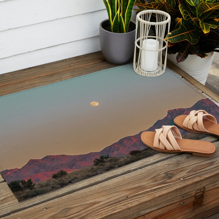 Sunset Moon Ridge // Grainy Red Mountain Range Desert Landscape Photography Yellow Fullmoon Blue Sky Outdoor Rug Gallery Image 2