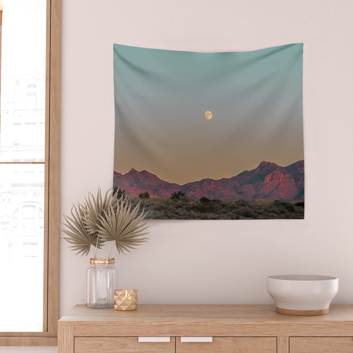Sunset Moon Ridge // Grainy Red Mountain Range Desert Landscape Photography Yellow Fullmoon Blue Sky Wall Tapestry Gallery Image 2