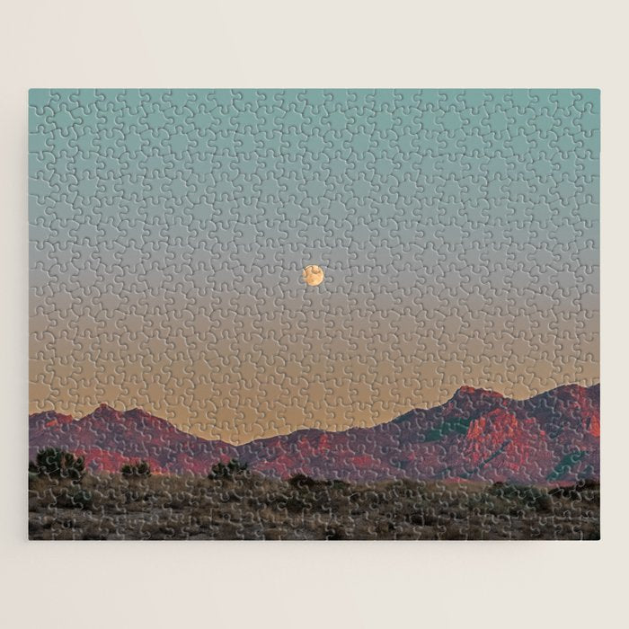 Sunset Moon Ridge // Grainy Red Mountain Range Desert Landscape Photography Yellow Fullmoon Blue Sky Jigsaw Puzzle Gallery Image 1