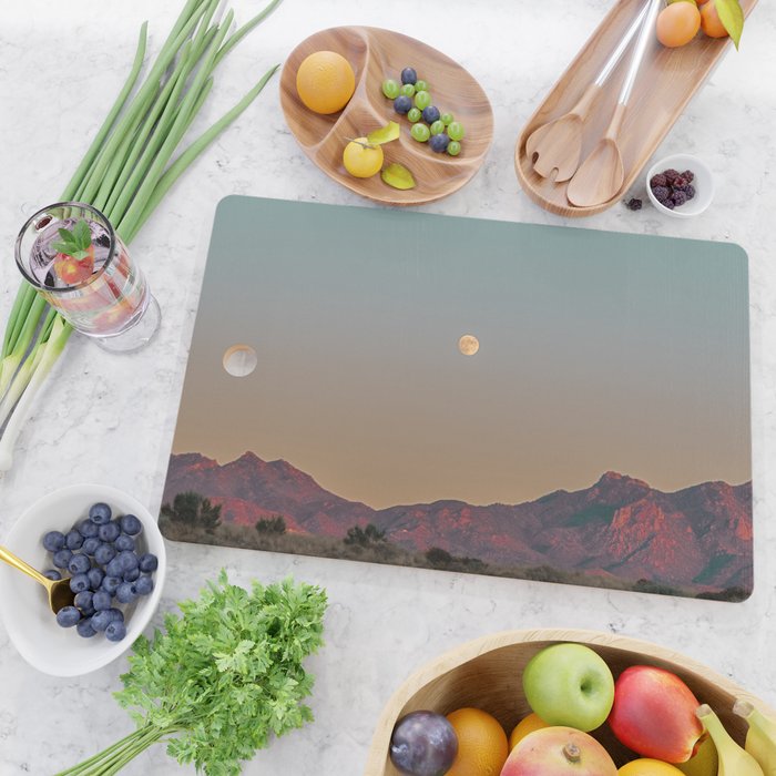 Sunset Moon Ridge // Grainy Red Mountain Range Desert Landscape Photography Yellow Fullmoon Blue Sky Cutting Board Gallery Image 2