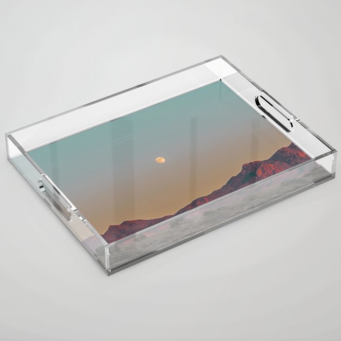 Sunset Moon Ridge // Grainy Red Mountain Range Desert Landscape Photography Yellow Fullmoon Blue Sky Acrylic Tray Gallery Image 1