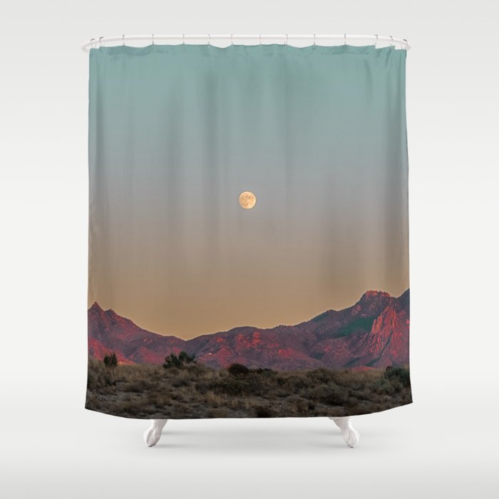 Sunset Moon Ridge // Grainy Red Mountain Range Desert Landscape Photography Yellow Fullmoon Blue Sky Shower Curtain Gallery Image 1