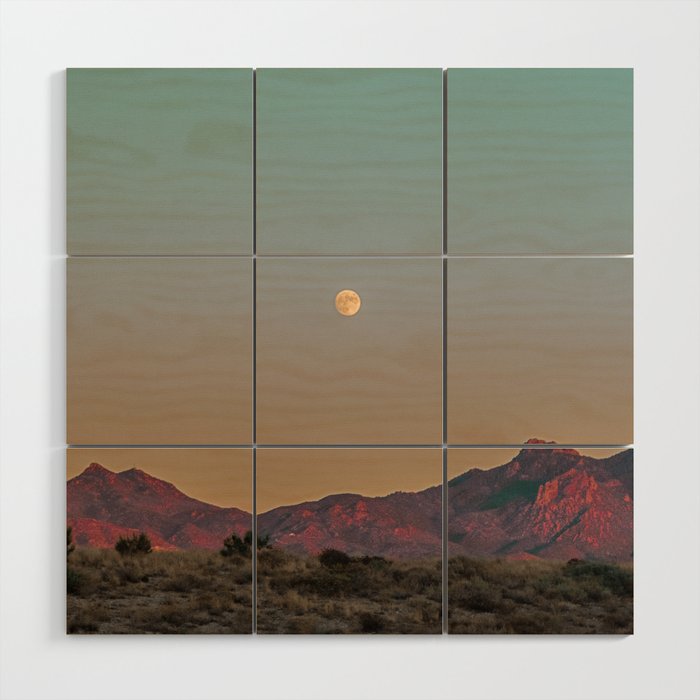 Sunset Moon Ridge // Grainy Red Mountain Range Desert Landscape Photography Yellow Fullmoon Blue Sky Wood Wall Art Gallery Image 1