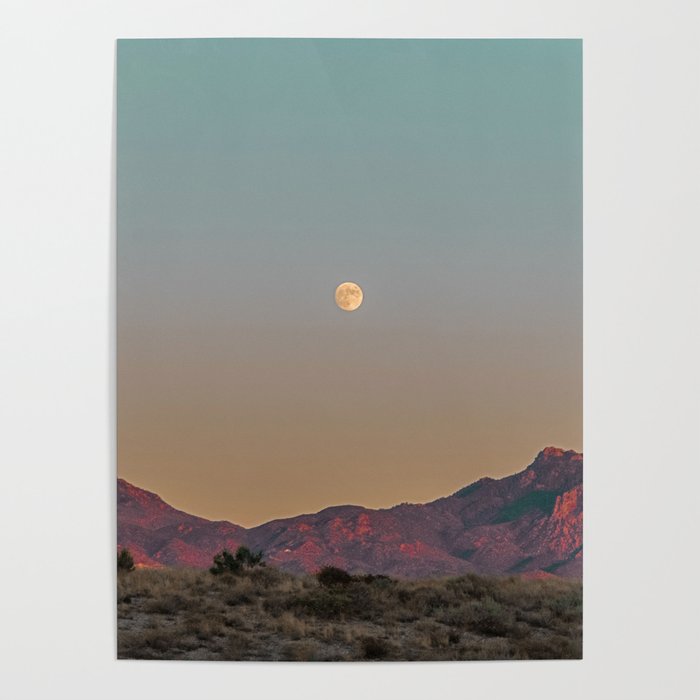 Sunset Moon Ridge // Grainy Red Mountain Range Desert Landscape Photography Yellow Fullmoon Blue Sky Poster Gallery Image 1