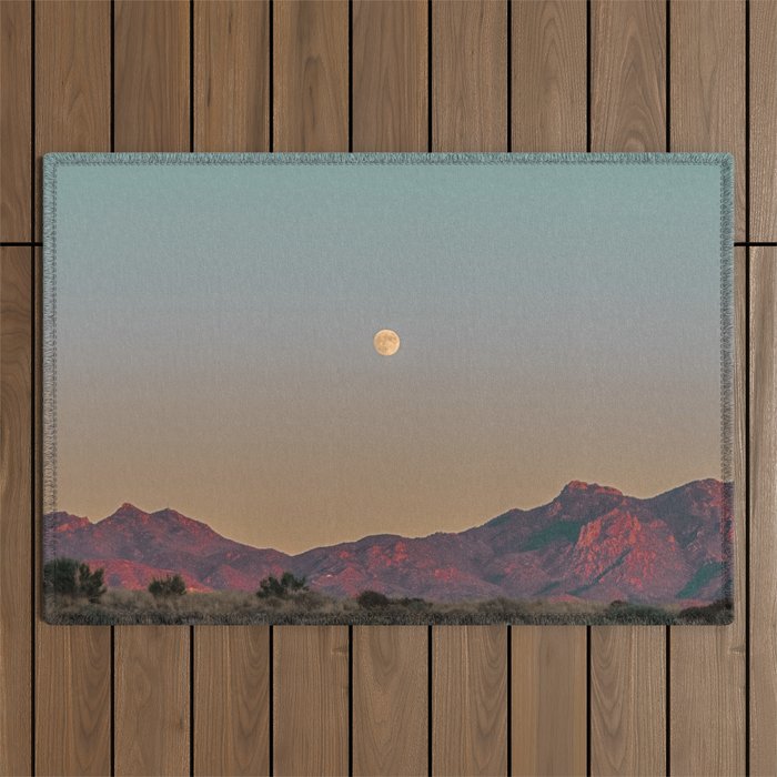 Sunset Moon Ridge // Grainy Red Mountain Range Desert Landscape Photography Yellow Fullmoon Blue Sky Outdoor Rug Gallery Image 1