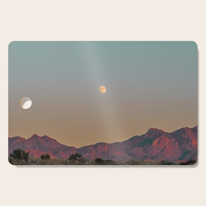 Sunset Moon Ridge // Grainy Red Mountain Range Desert Landscape Photography Yellow Fullmoon Blue Sky Cutting Board Gallery Image 1