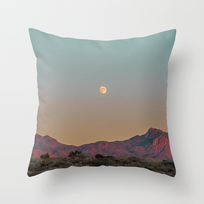Sunset Moon Ridge // Grainy Red Mountain Range Desert Landscape Photography Yellow Fullmoon Blue Sky Throw Pillow Gallery Image 1