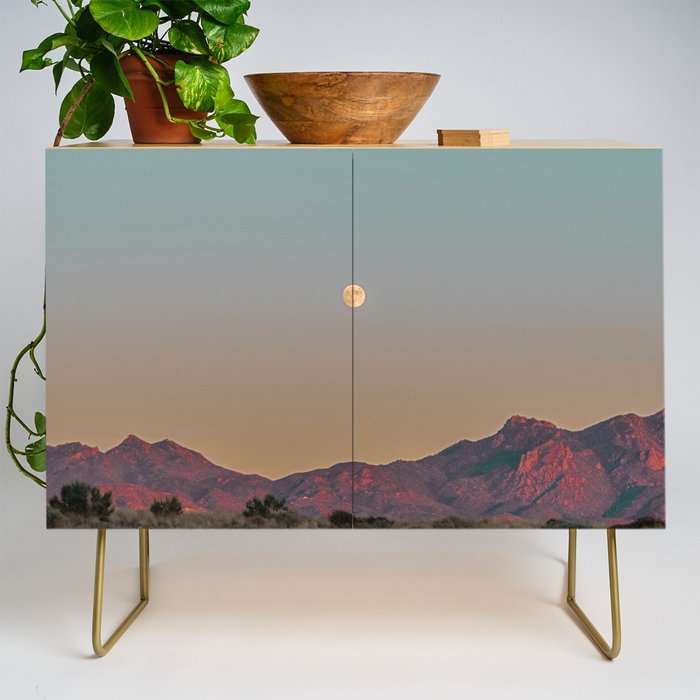 Sunset Moon Ridge // Grainy Red Mountain Range Desert Landscape Photography Yellow Fullmoon Blue Sky Credenza Gallery Image 1