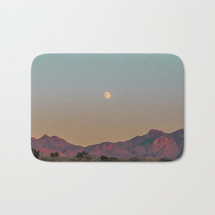 Sunset Moon Ridge // Grainy Red Mountain Range Desert Landscape Photography Yellow Fullmoon Blue Sky Bath Mat Gallery Image 1