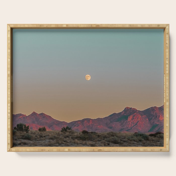 Sunset Moon Ridge // Grainy Red Mountain Range Desert Landscape Photography Yellow Fullmoon Blue Sky Serving Tray Gallery Image 1