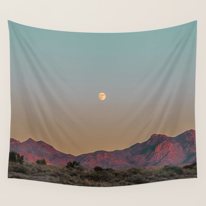 Sunset Moon Ridge // Grainy Red Mountain Range Desert Landscape Photography Yellow Fullmoon Blue Sky Wall Tapestry Gallery Image 1