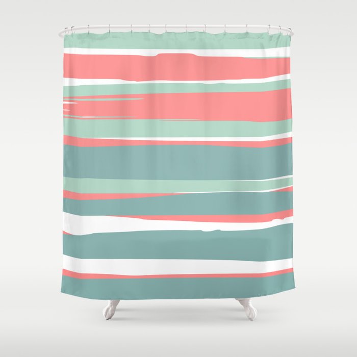 Festive, Abstract, Colorful Stripes, Coral and Teal Green Shower Curtain Gallery Image 1