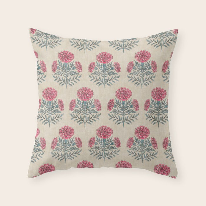 Marigold - pink and teal on linen Throw Pillow Gallery Image 1