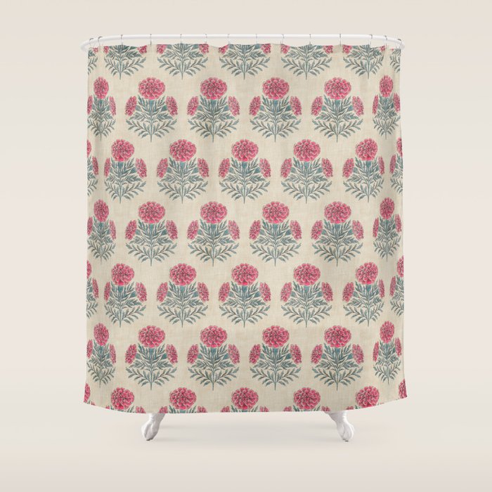 Marigold - pink and teal on linen Shower Curtain Gallery Image 1