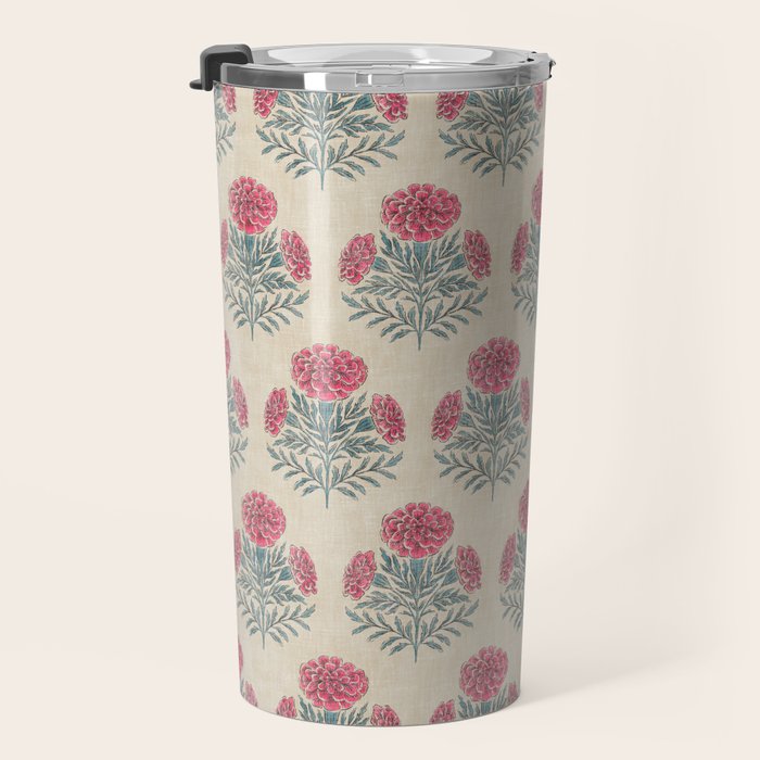 Marigold - pink and teal on linen Travel Mug Gallery Image 3