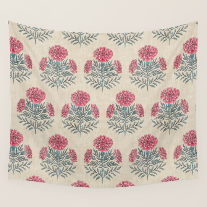 Marigold - pink and teal on linen Wall Tapestry Gallery Image 4