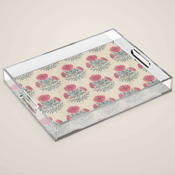 Marigold - pink and teal on linen Acrylic Tray Gallery Image 1