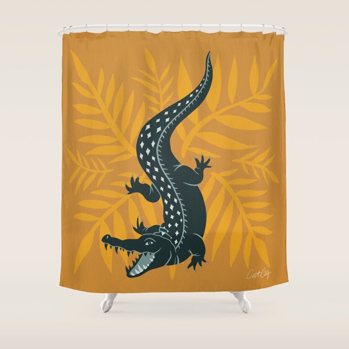 Crocodile - Teal & Ochre Shower Curtain Gallery Image 1