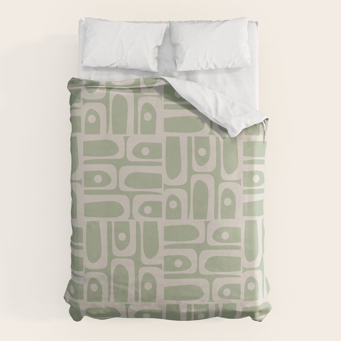 Mid Century Modern Piquet Geometric Multi Abstract Minimalist Pattern in Sage Green and Beige Duvet Cover Gallery Image 1