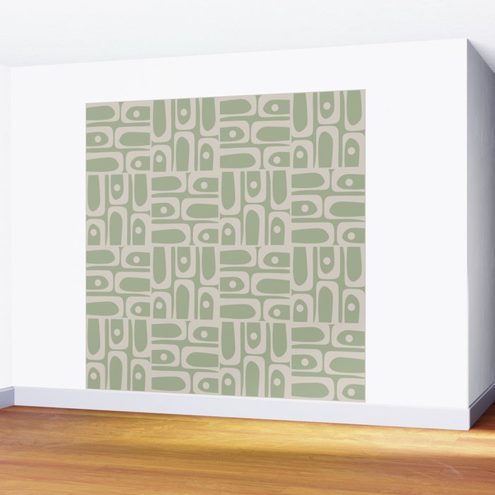 Mid Century Modern Piquet Geometric Multi Abstract Minimalist Pattern in Sage Green and Beige Wall Mural Gallery Image 2