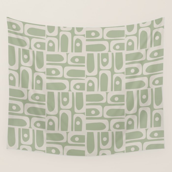 Mid Century Modern Piquet Geometric Multi Abstract Minimalist Pattern in Sage Green and Beige Wall Tapestry Gallery Image 4