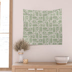 Mid Century Modern Piquet Geometric Multi Abstract Minimalist Pattern in Sage Green and Beige Wall Tapestry Gallery Image 2