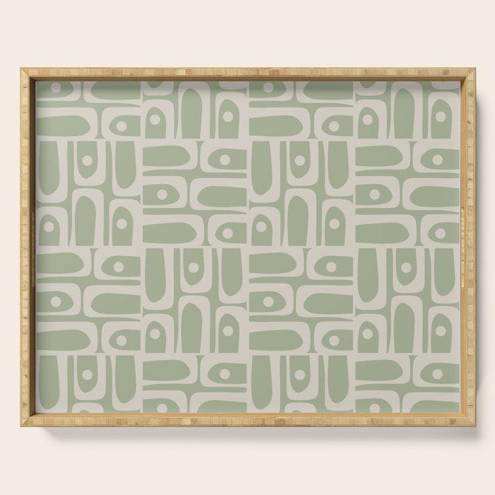Mid Century Modern Piquet Geometric Multi Abstract Minimalist Pattern in Sage Green and Beige Serving Tray Gallery Image 1