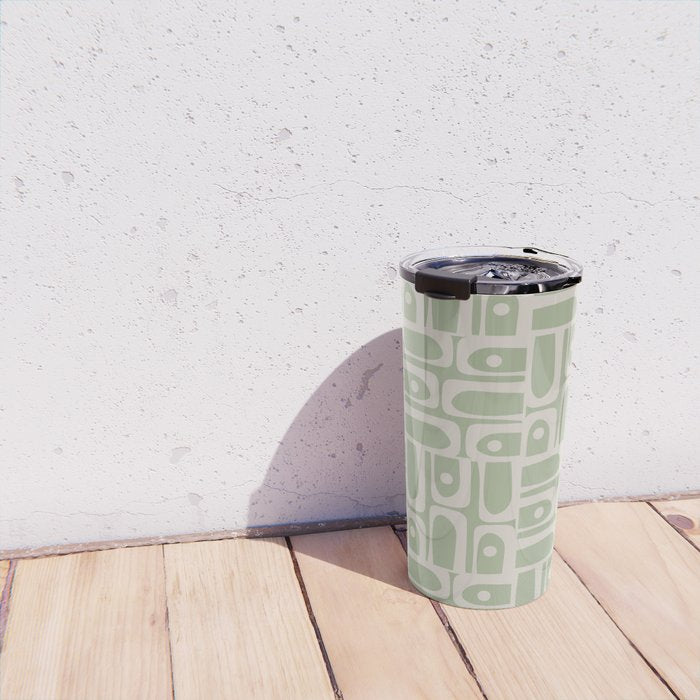 Mid Century Modern Piquet Geometric Multi Abstract Minimalist Pattern in Sage Green and Beige Travel Mug Gallery Image 4
