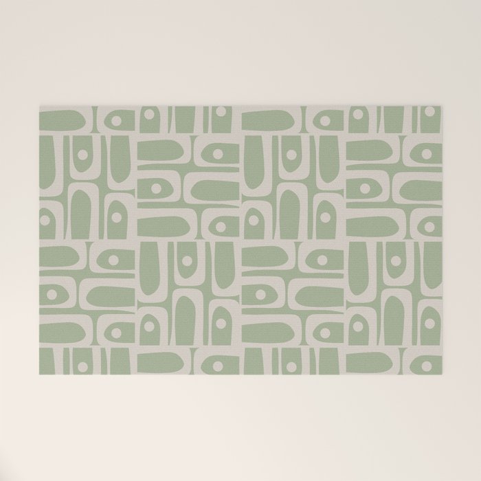 Mid Century Modern Piquet Geometric Multi Abstract Minimalist Pattern in Sage Green and Beige Welcome Mat Gallery Image 1