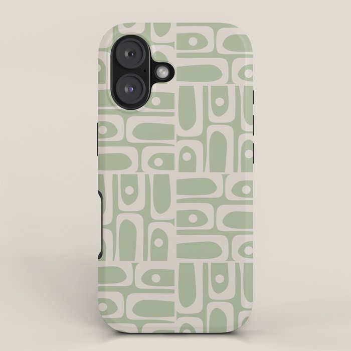 Mid Century Modern Piquet Geometric Multi Abstract Minimalist Pattern in Sage Green and Beige iPhone Case Gallery Image 1