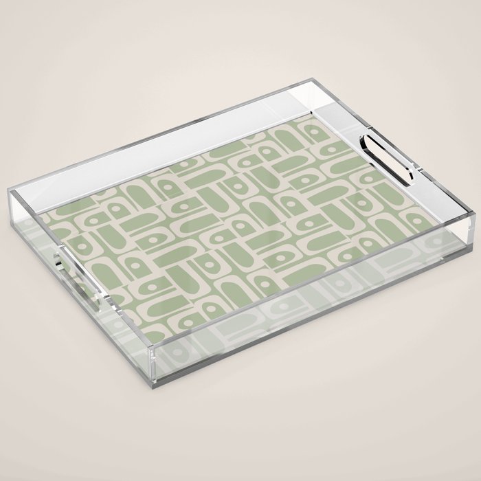 Mid Century Modern Piquet Geometric Multi Abstract Minimalist Pattern in Sage Green and Beige Acrylic Tray Gallery Image 1