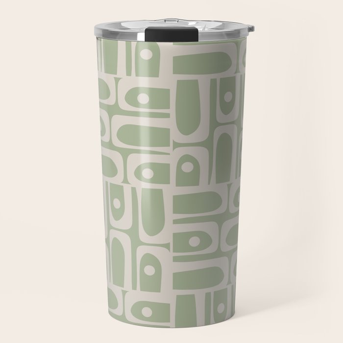 Mid Century Modern Piquet Geometric Multi Abstract Minimalist Pattern in Sage Green and Beige Travel Mug Gallery Image 1