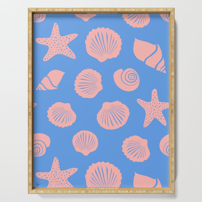 Retro Coastal Shells on Blue Serving Tray Gallery Image 1
