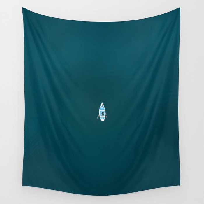 Minimalist Boat in blue Lake  Wall Tapestry Gallery Image 1