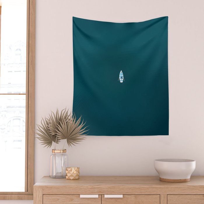 Minimalist Boat in blue Lake  Wall Tapestry Gallery Image 2