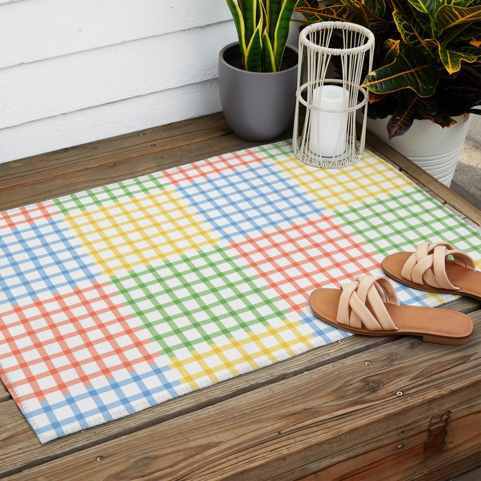 Colorful geometric gingham patchwork pattern Outdoor Rug Gallery Image 2