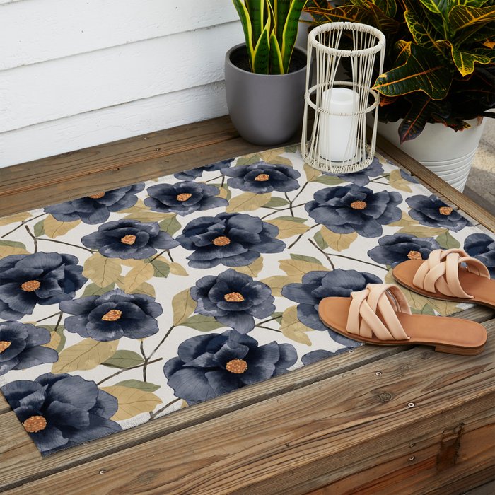 Blue watercolor roses Outdoor Rug Gallery Image 2