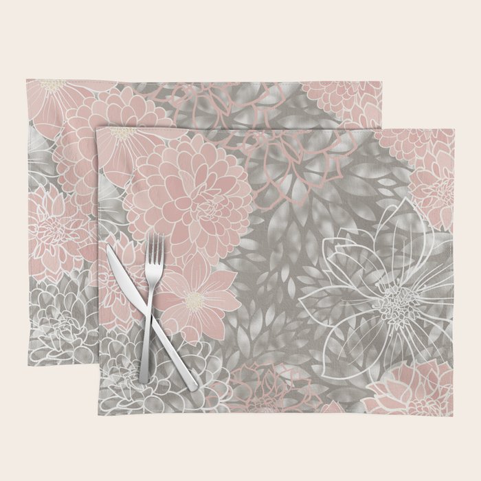 Festive, Floral Pattern Dahlias, Pink, Gray, White Placemat Gallery Image 1