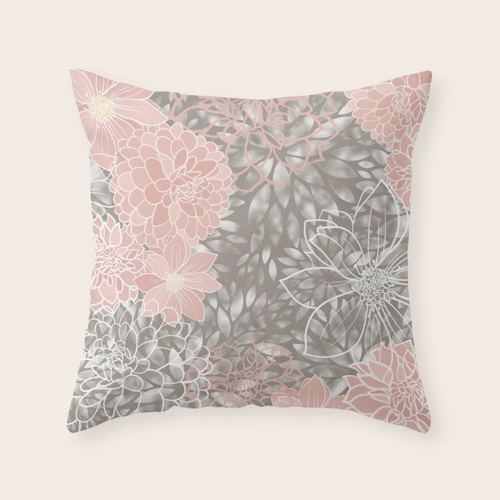 Festive, Floral Pattern Dahlias, Pink, Gray, White Throw Pillow Gallery Image 6