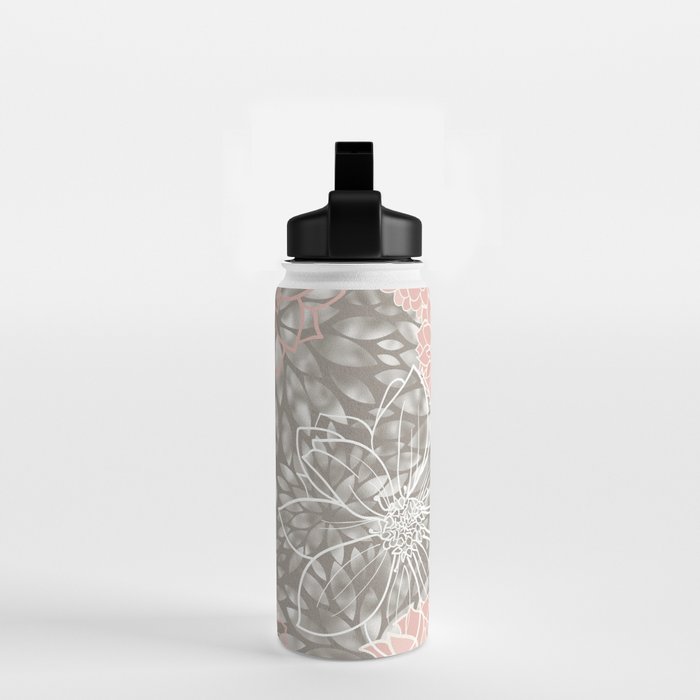 Festive, Floral Pattern Dahlias, Pink, Gray, White Water Bottle Gallery Image 2