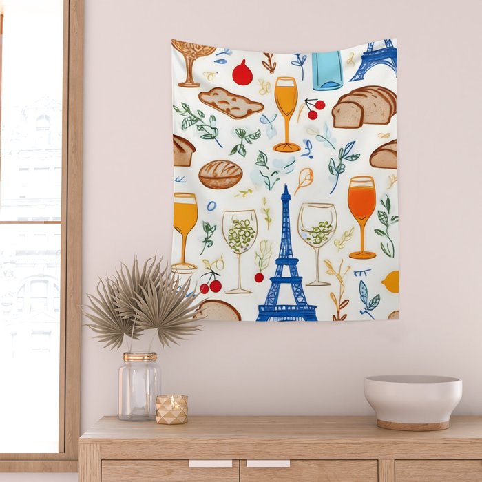 Paris Things, Travel Hand Drawn Doodles Sketch, Summer Vacation Colorful Bohemian Wall Tapestry Gallery Image 2