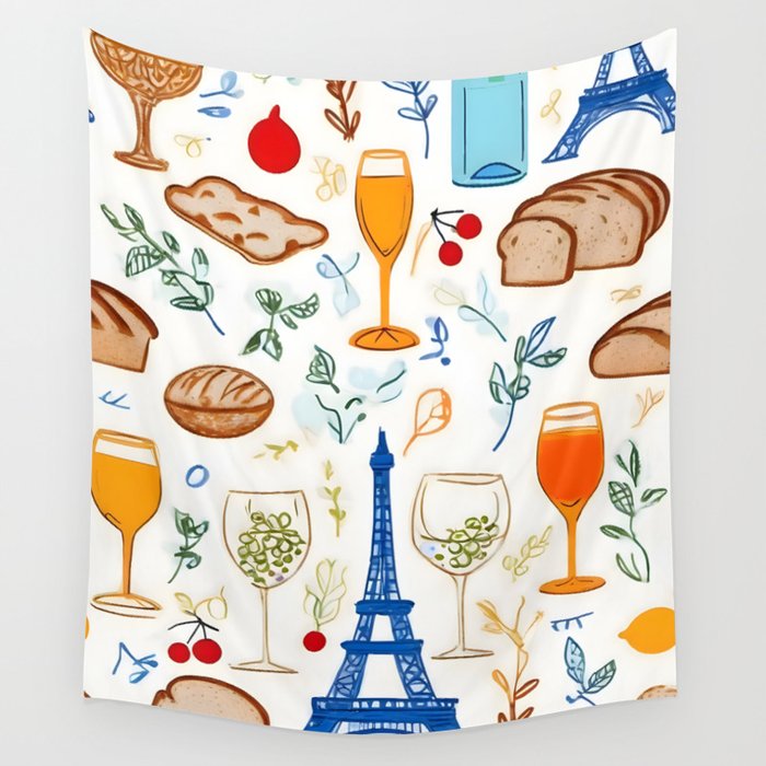 Paris Things, Travel Hand Drawn Doodles Sketch, Summer Vacation Colorful Bohemian Wall Tapestry Gallery Image 4
